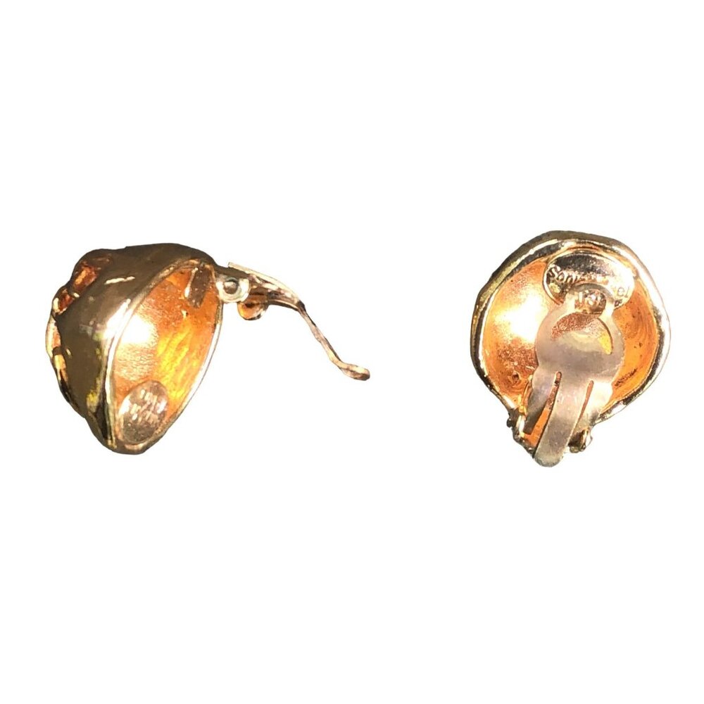 Sonia Rykiel Paris Vintage Gold Tone Domed Logo Clip Earrings Designer - Picture 4 of 5